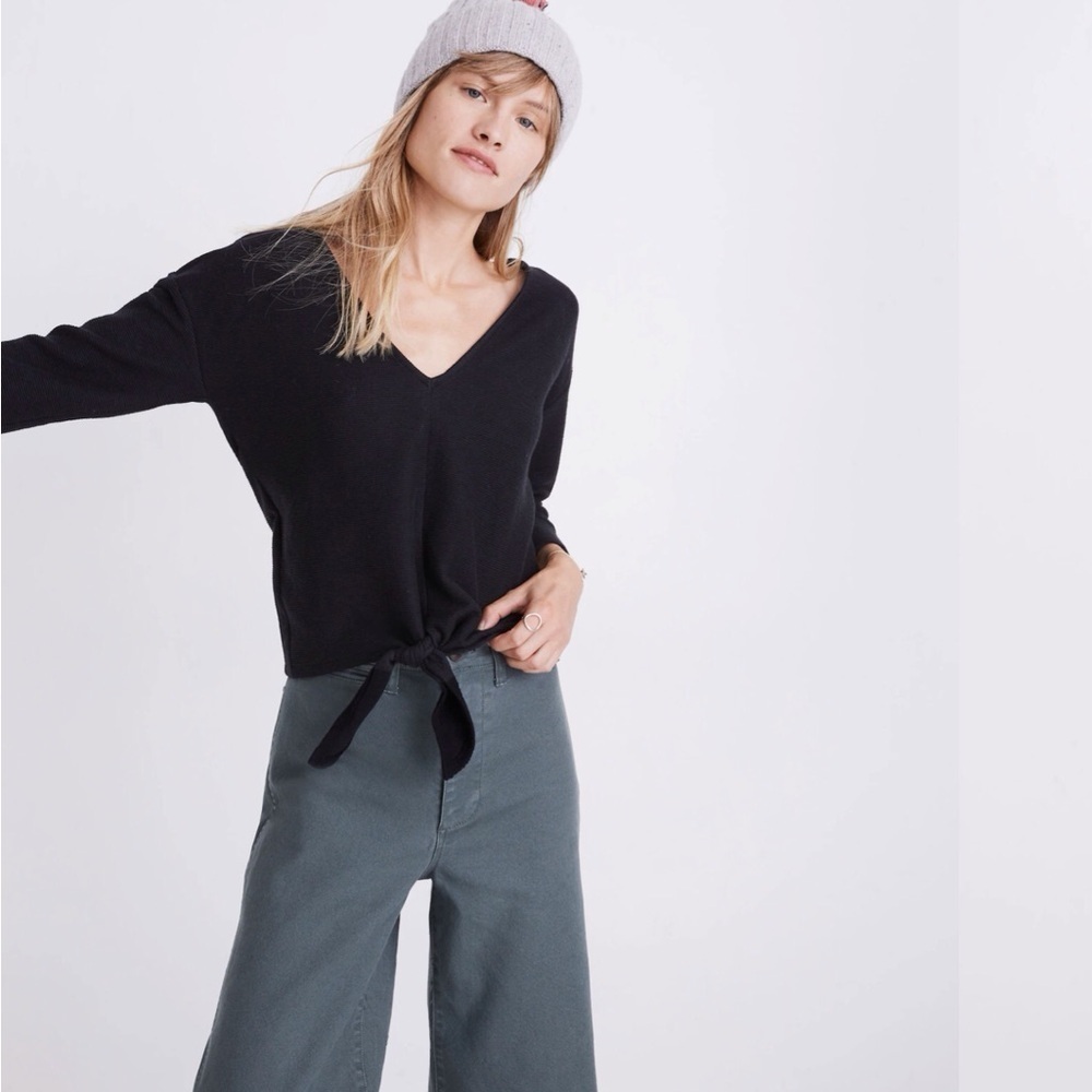 Madewell Texture & Thread Long-Sleeve Tie-Front Top Ottoman Jacquard Black Sz S